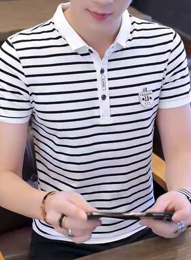 夏季新款男士短袖T恤条纹翻领POLO衫潮流青年打底衫半袖男装上衣