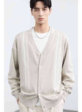 男士撞色条纹v领开衫2024春秋季新款潮韩版时尚休闲薄外套