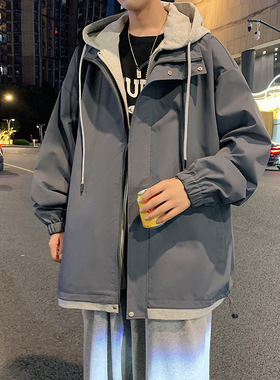 假两件春季新款超火ins休闲男士韩版潮流工装户外夹克连帽外套