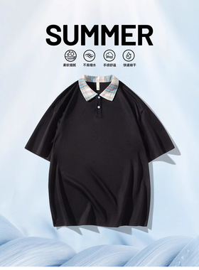 美式复古撞色格子短袖POLO衫潮牌宽松情侣百搭夏季新款短袖上衣