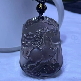 天然黑曜石生肖马吊坠毛衣链原创设计男女款属马项链挂坠节日礼物
