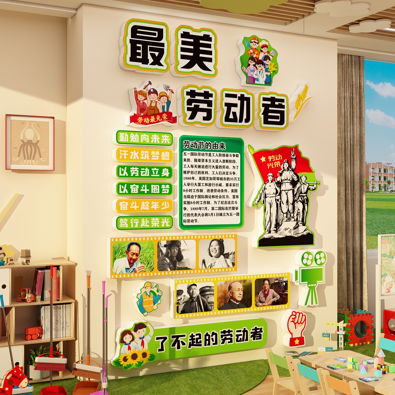 五&mdash;51劳动节主题文化墙贴幼儿园环创氛围场景布置装饰教室黑板报