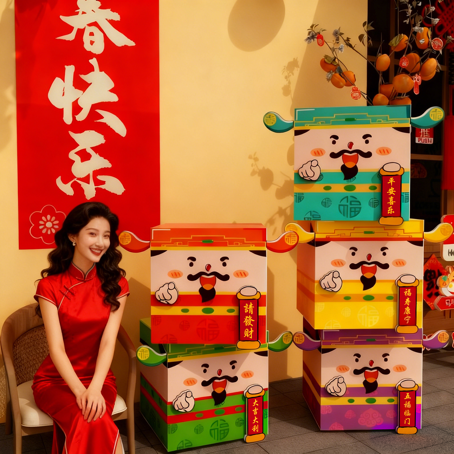 2026过马新年装饰网红打卡拍照区场造景墙面氛围布置元旦财神爷贴