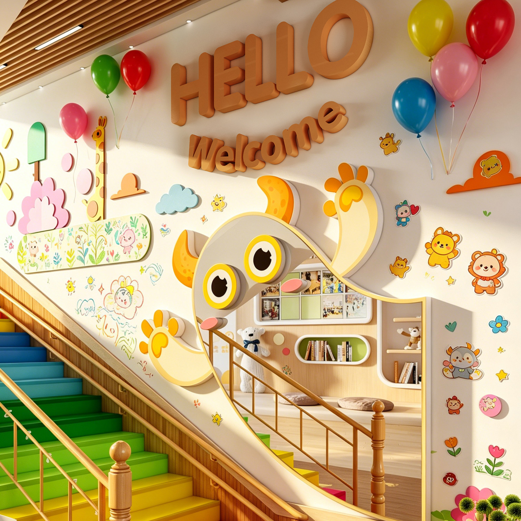 小怪兽卡通造型镜子可爱墙贴幼儿园楼梯走廊环创主题墙面装饰成品