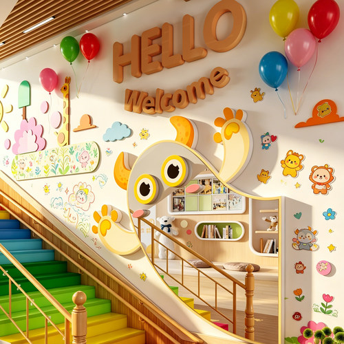 小怪兽卡通造型镜子可爱墙贴幼儿园楼梯走廊环创主题墙面装饰成品