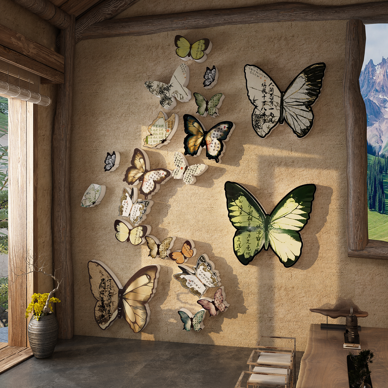 新中式古风茶室氛围布置禅意空间立体蝴蝶装饰网红打卡墙面场背景