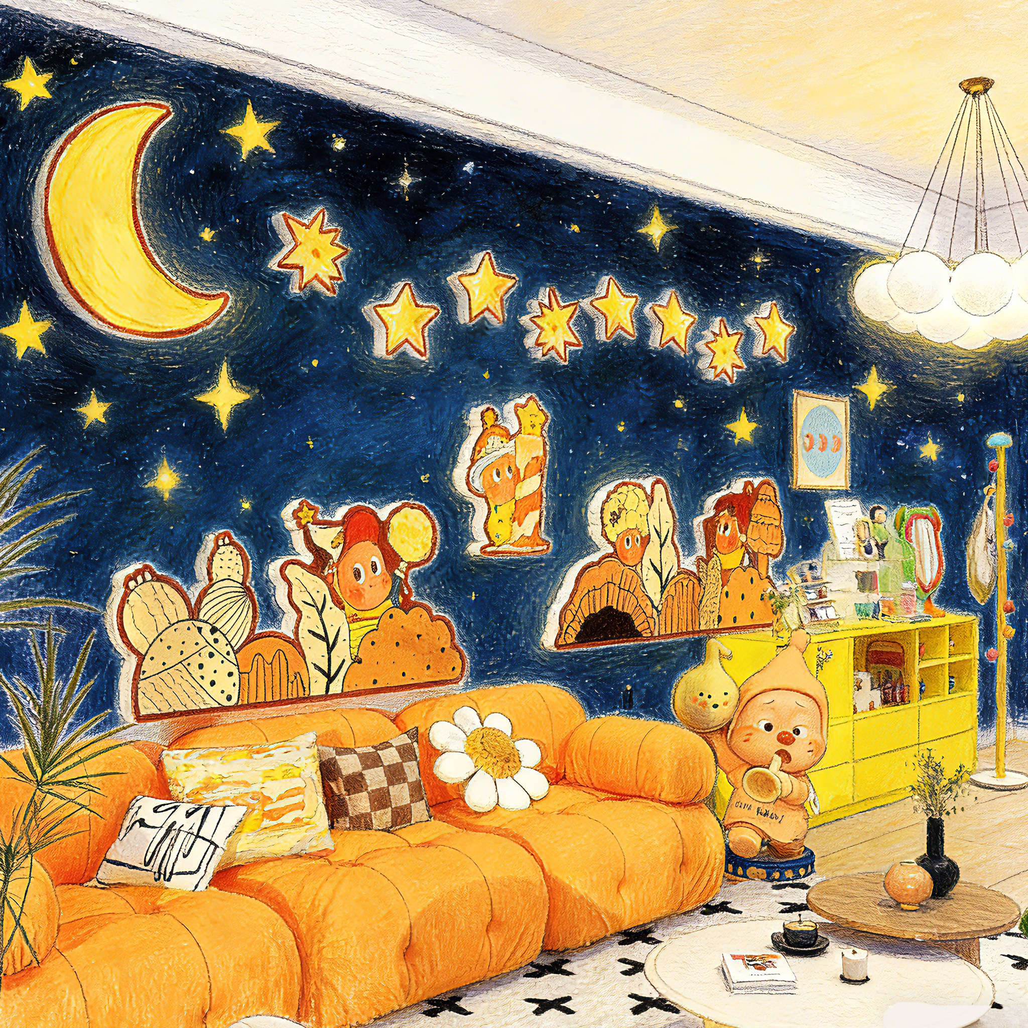 星星人环创儿童房间布置装饰客厅沙发电视机背景墙多巴胺贴纸挂件