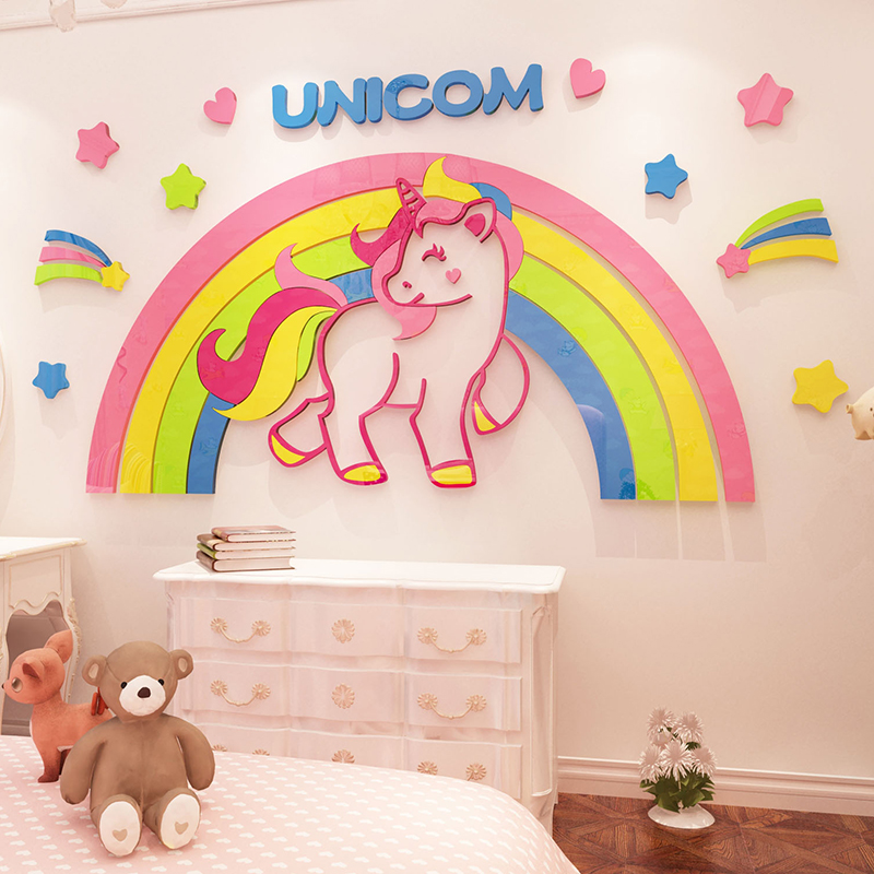 彩虹贴画公主房床头贴纸卡通独角兽亚克力装饰儿童房间布置3d立体图片