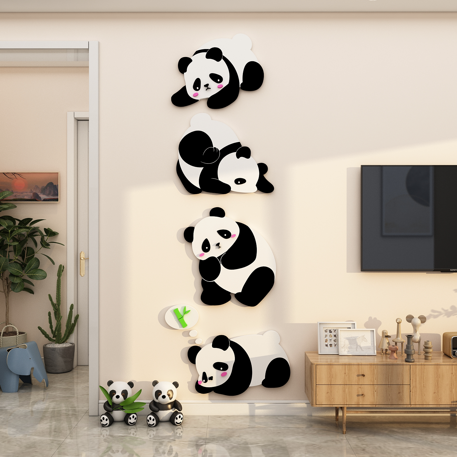2025电视机背景墙面熊猫装饰改造挂件客厅壁画贴纸3d立体环创自粘