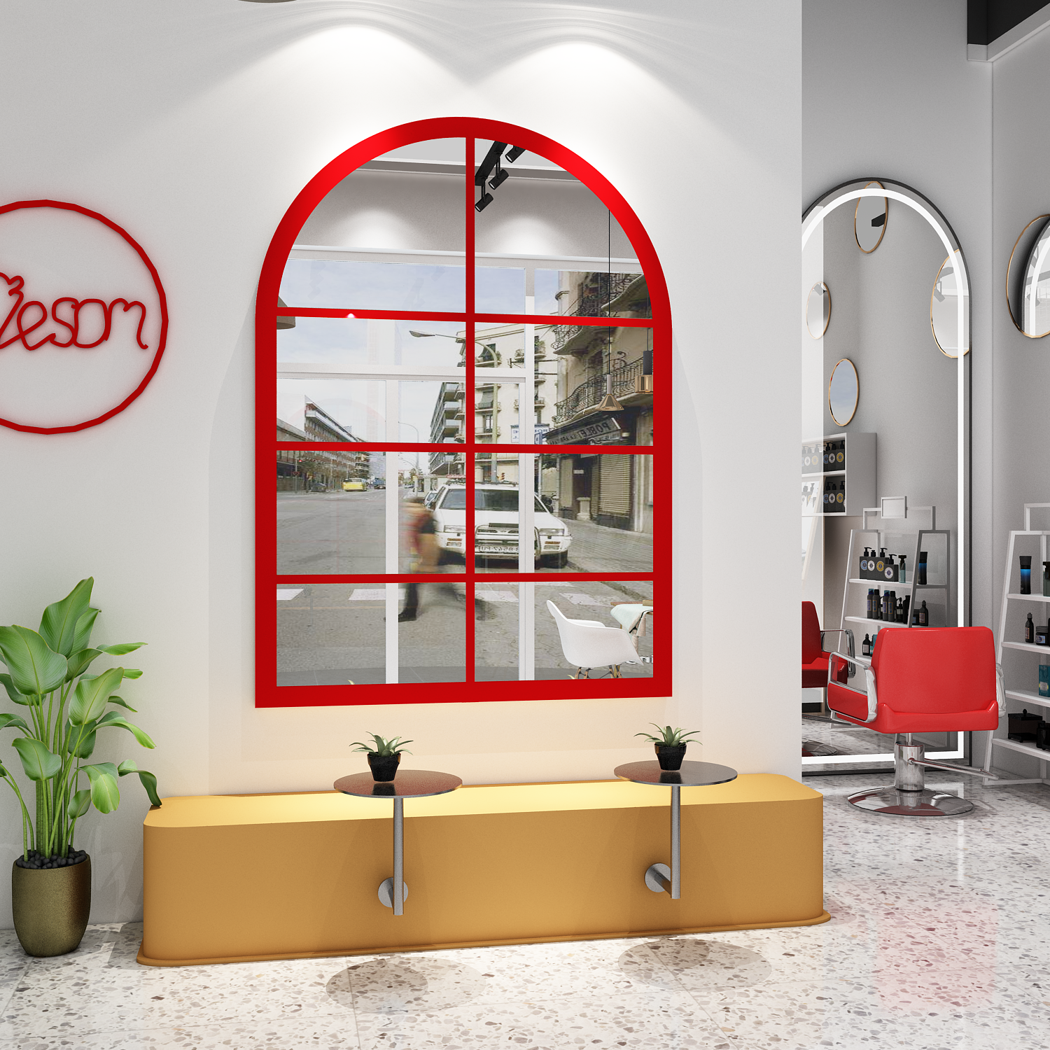 网红打卡理发店进门背景形象墙面装饰3d立体仿真假窗户镜子海报贴