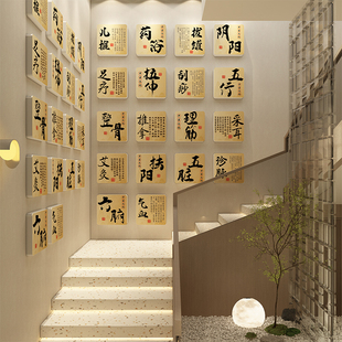 中医养生馆氛围布置美容院艾灸店楼梯文化背景形象墙面装饰挂画图