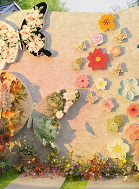 网红打卡拍照区氛围布置室内花墙面装饰造场背景形象蝴蝶户外小院