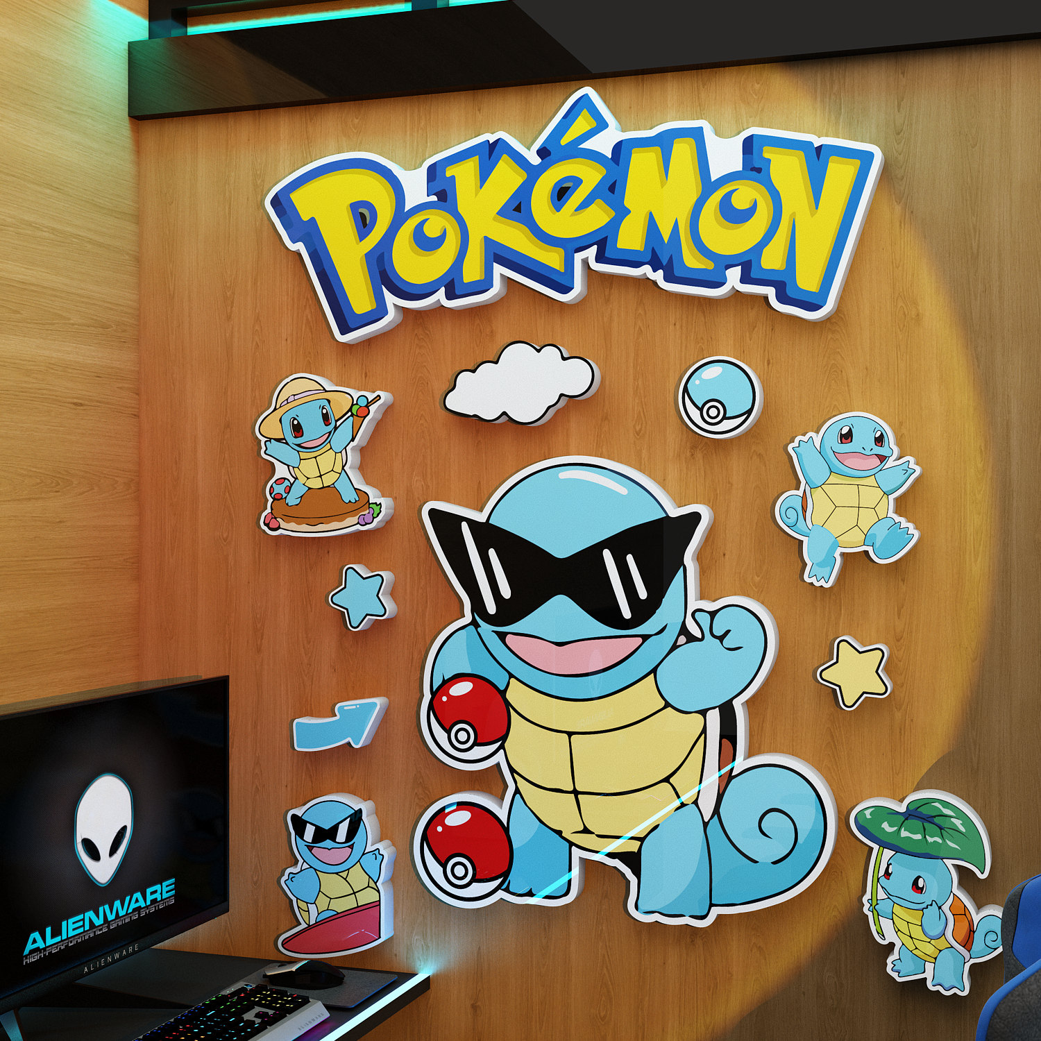 宝可梦电竞房间装饰杰尼龟网吧咖酒店墙面背景布置创意海报贴纸画