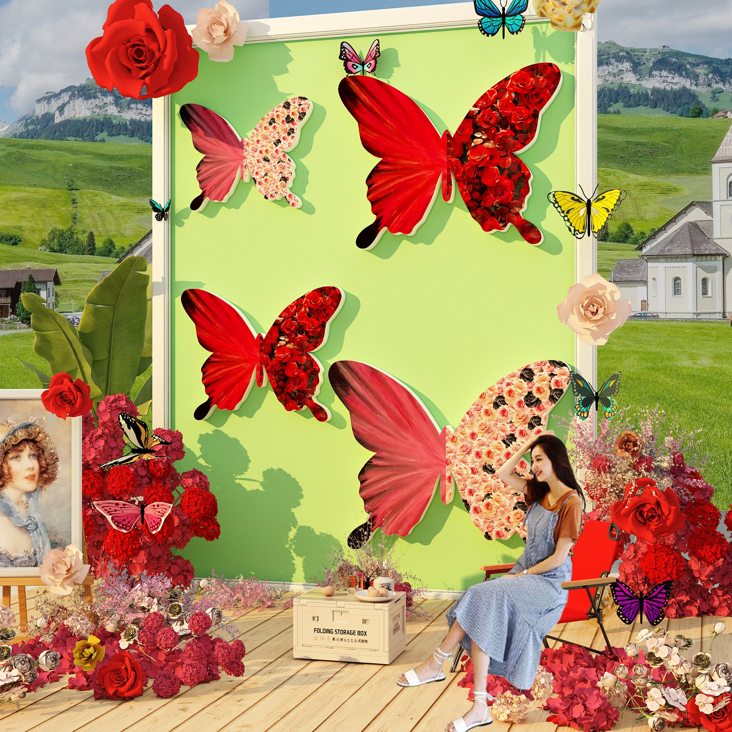 春天主题露营风氛围布置装饰网红打卡拍照区背造景墙户外蝴蝶墙面