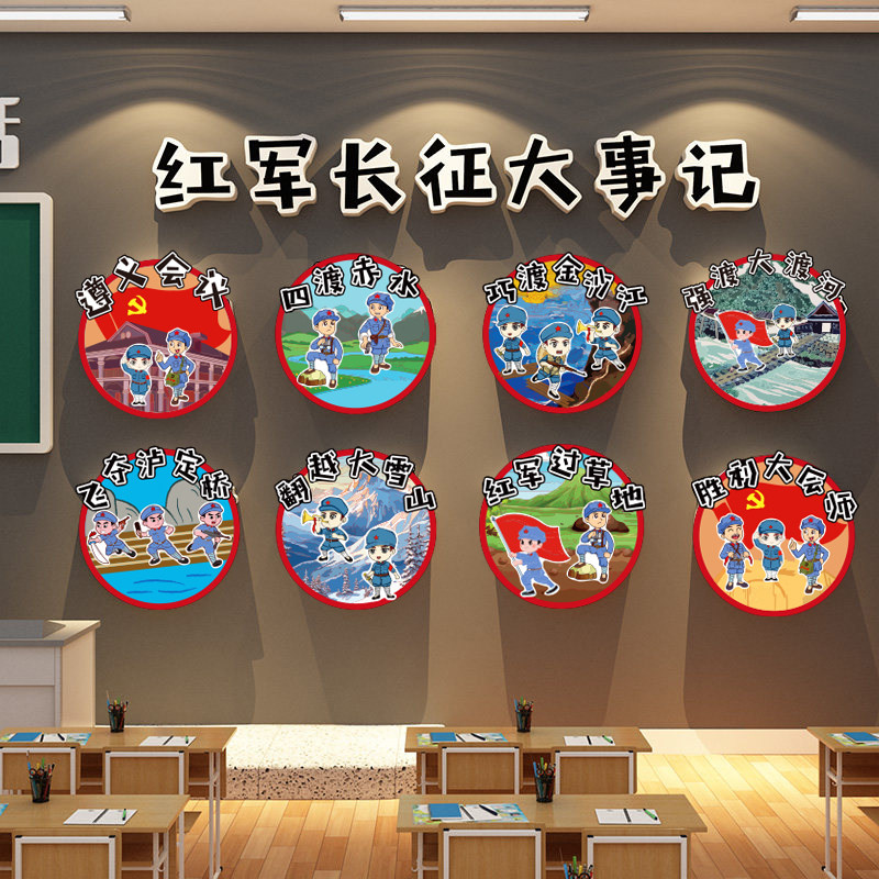 幼儿园红色长征革命精神军旅环创爱国教育主题文化墙贴纸教室装饰