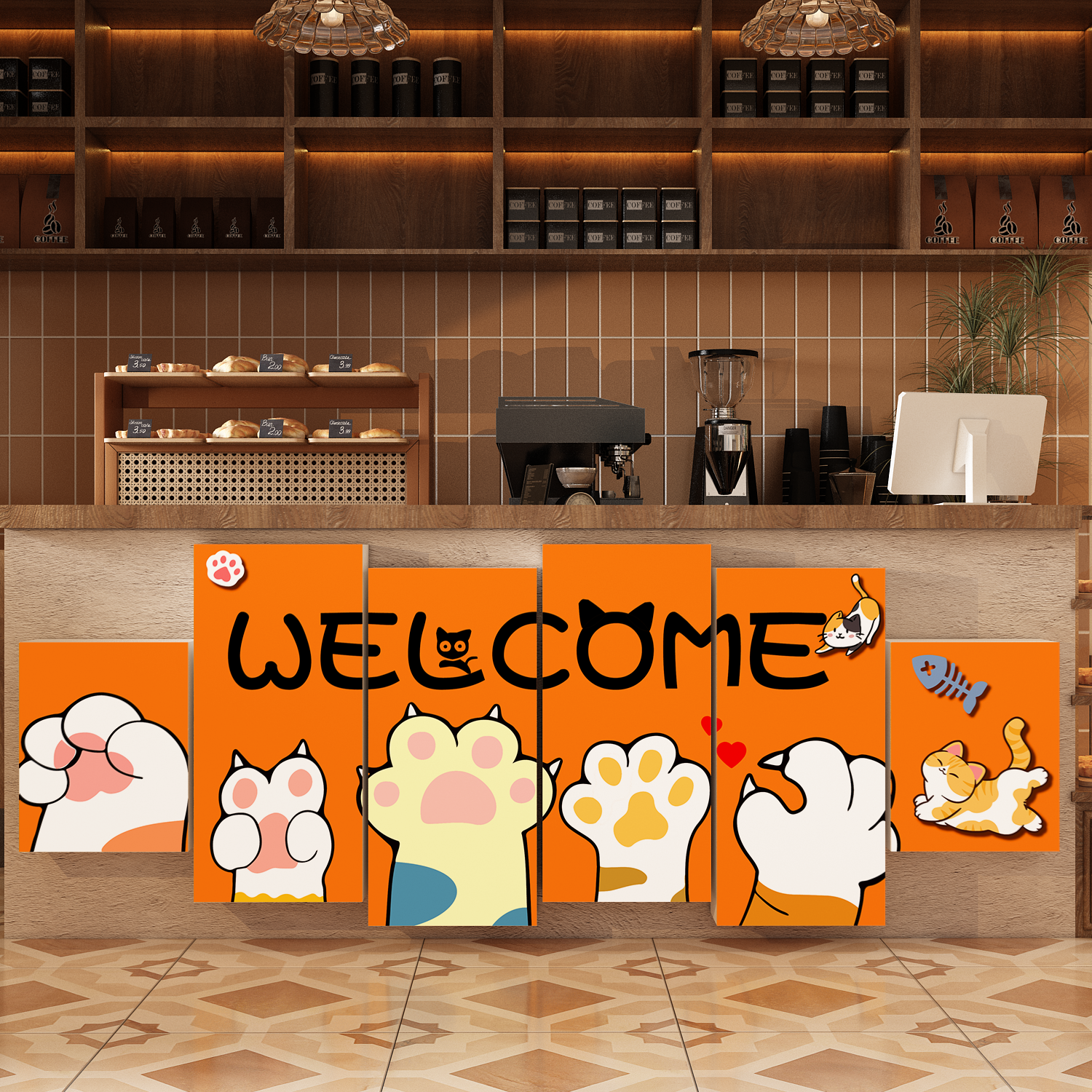 网红咖啡厅馆角墙壁面装饰奶茶店收银吧台前面背景氛围布置贴纸画