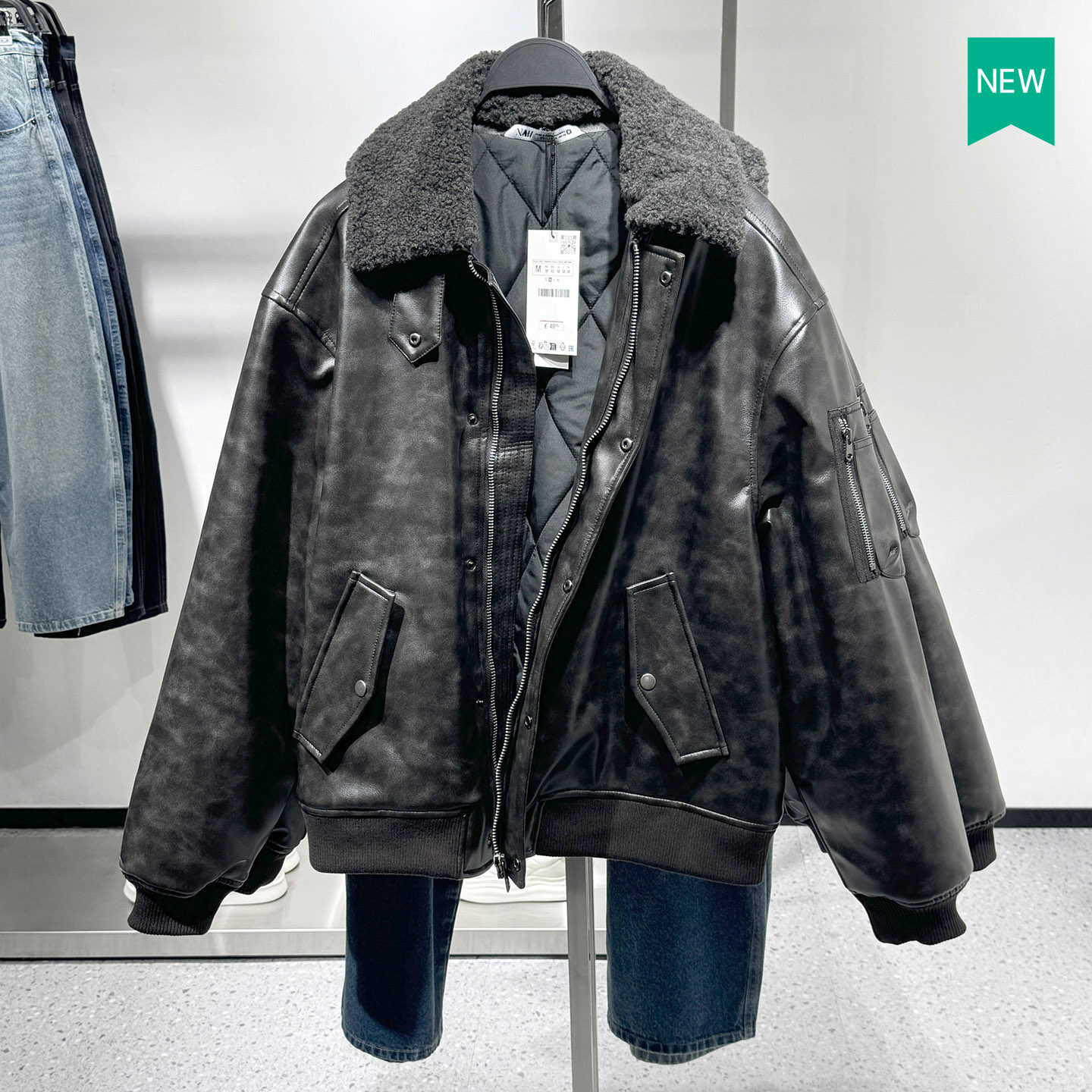 柜799！冬季新款男装可脱卸毛领仿皮飞行员棉服夹克PU外套8281435