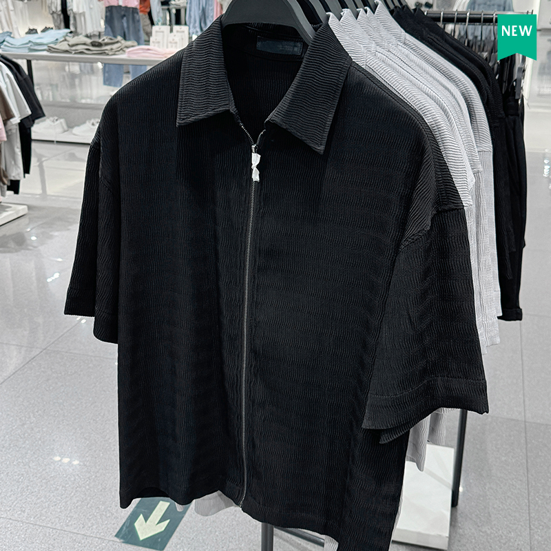 西班牙Z系拉链波纹纹理短袖衬衫