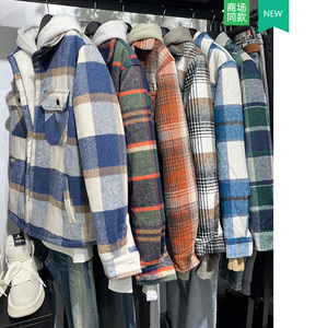 秋冬新款男装加绒仿羊羔毛加厚格子衬衫外套男士欧美简约保暖衬衣