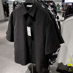 夏季新品男装宽松褶皱纹理美式休闲翻领短袖衬衫7380703男士衬衣