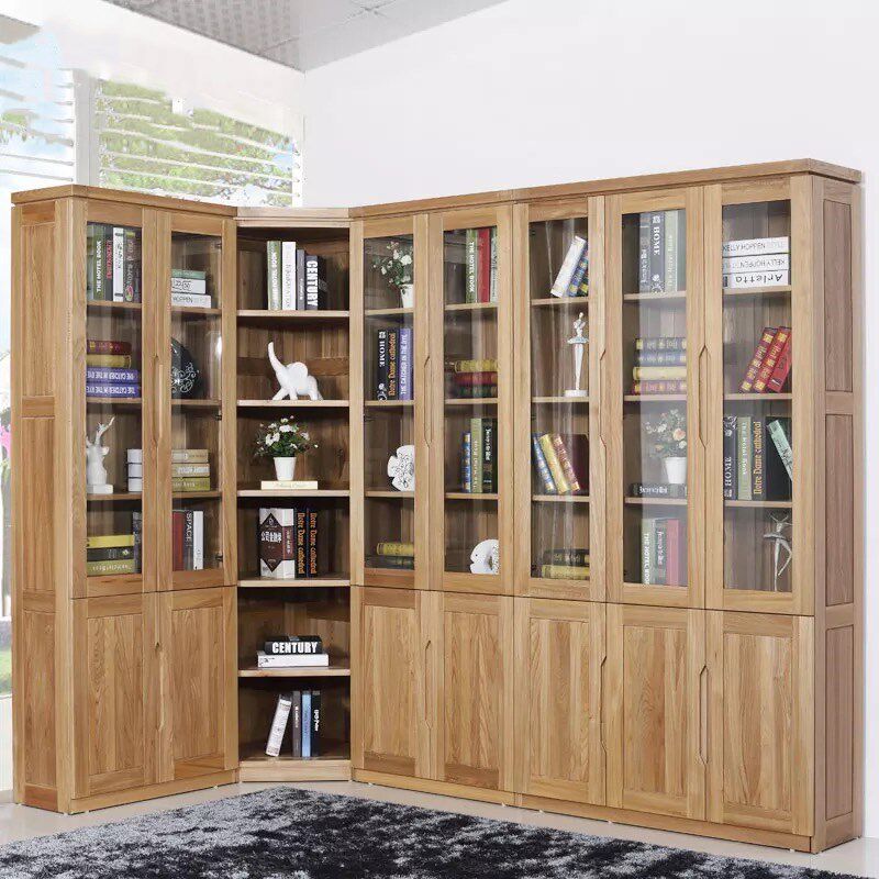 全榆木书柜自由组合转角书柜带玻璃门实木定制书柜书架
