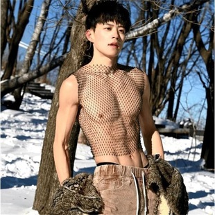 6色 男烫钻渔网上衣 背心性感透视网纱打底衫 肌肉男走秀舞台表演