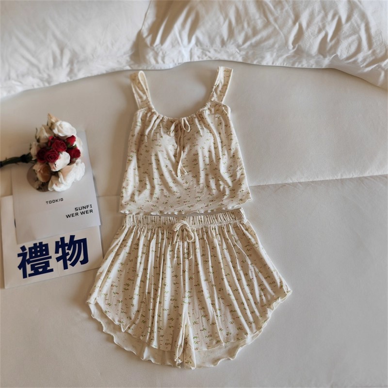 莫代尔睡衣女夏季吊带背心短裤两件套薄款性感纯欲风带胸垫家居服
