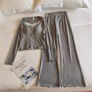 2026春秋季带胸垫睡衣女长袖花边性感蕾丝纯欲风莫代尔家居服套装