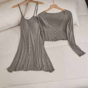 春夏秋四季莫代尔睡裙女薄款纯欲风吊带睡衣裙带胸垫连衣裙家居服