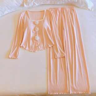 春秋冬季长袖长裤带胸垫睡衣女两件套高级感甜美网红风纯棉家居服