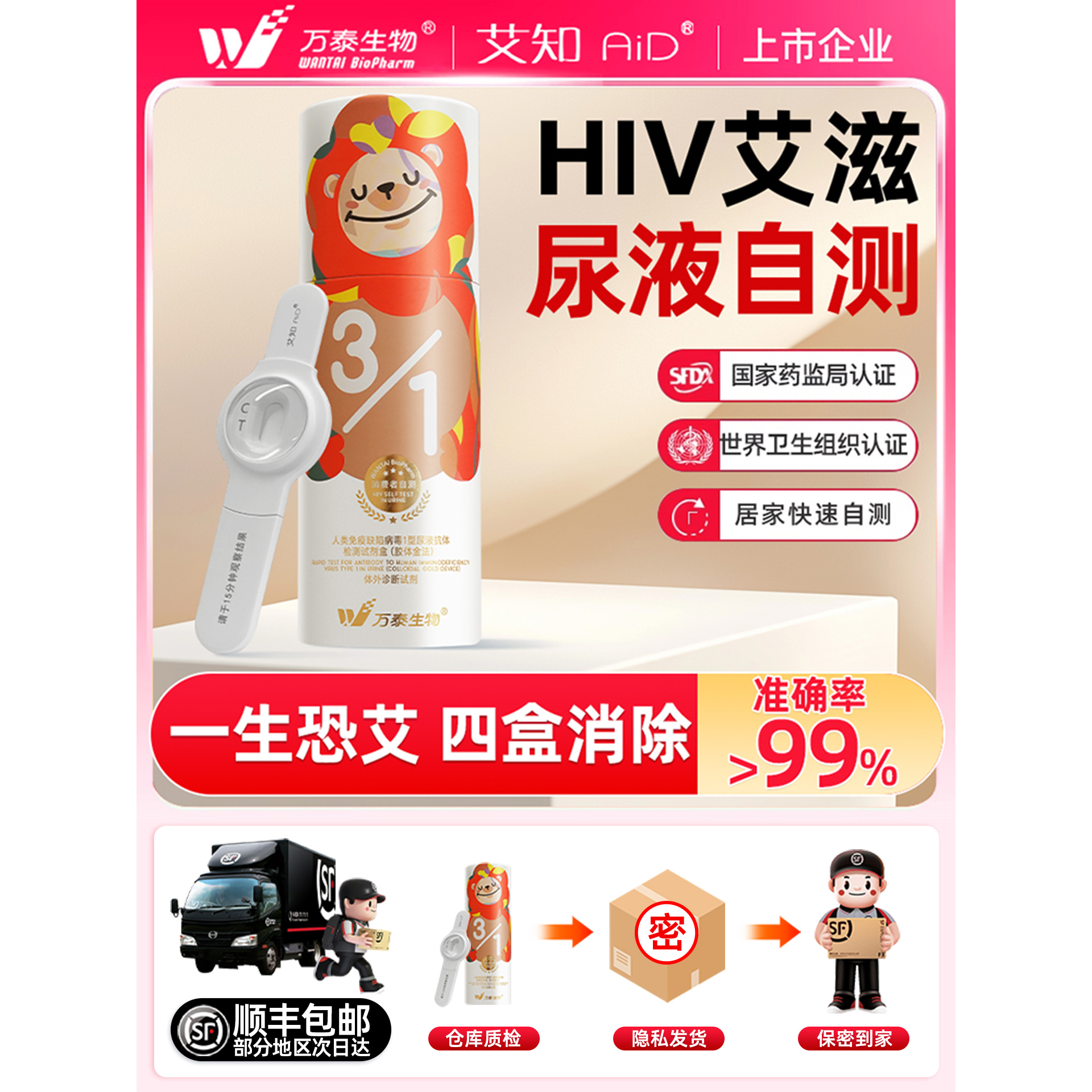 万泰hiv检测纸尿液不扎针自检验无痛无创艾滋病检测试纸非第四代