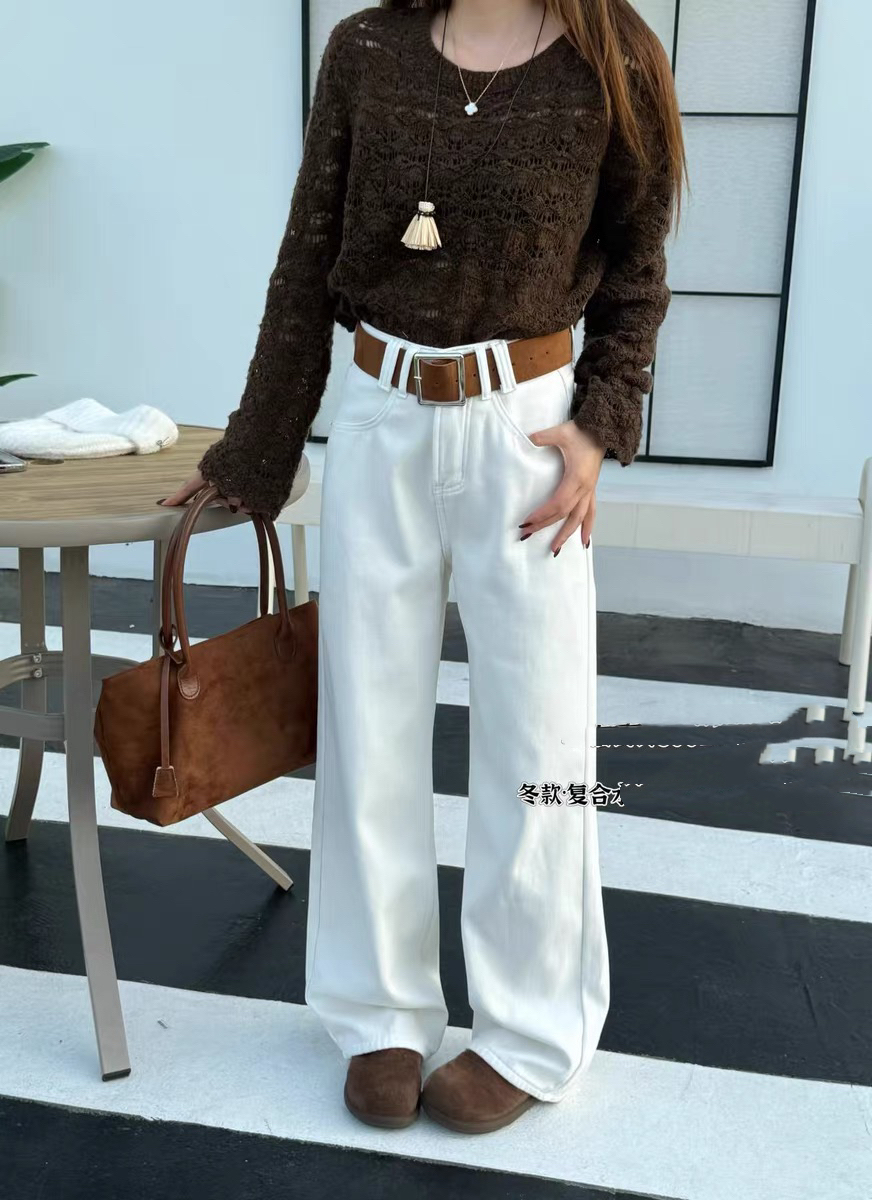 恒木子3818高腰宽松显瘦百搭加绒加厚窄版阔腿牛仔裤女2025冬季新