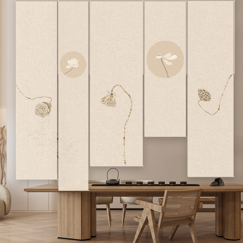 新中式窗帘亚麻卷帘卷拉式办公室软隔断悬挂屏风帘子茶室装饰挂帘