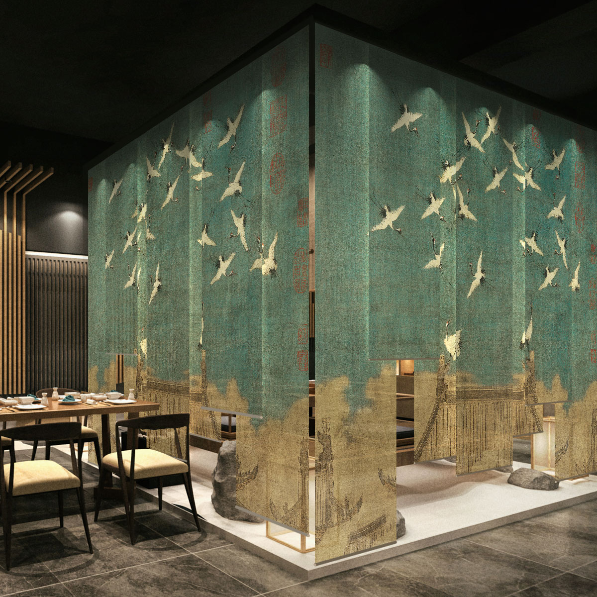 卷帘窗帘电动升降卷拉式客厅酒店半透明软屏风隔断瑞鹤图装饰挂帘