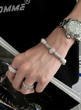 卡门 国潮个性珍珠拼接镶钻骷髅手链男ins嘻哈轻奢小众女夏手饰品