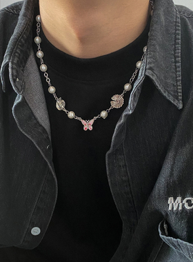 卡门 2021新款蝴蝶珍珠拼接项链女ins小众设计网红个性锁骨链男