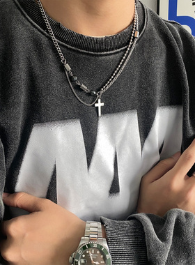 卡门 欧美嘻哈十字架拼接双层钛钢项链男潮高街设计感小众锁骨链