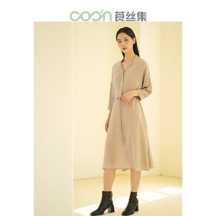 莨丝集/COO²N 女装桑蚕丝双绉素色系带连衣裙真丝通勤裙-CD302