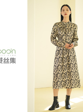 莨丝集/COO²N 女装秋冬真丝提花连衣裙桑蚕丝碎花复古裙装-CD303
