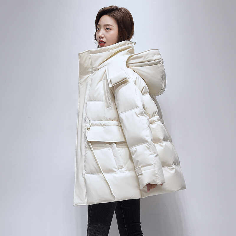 雪中飞羽绒服女小个子中长款时尚连帽抽绳收腰90鹅绒加厚保暖外套