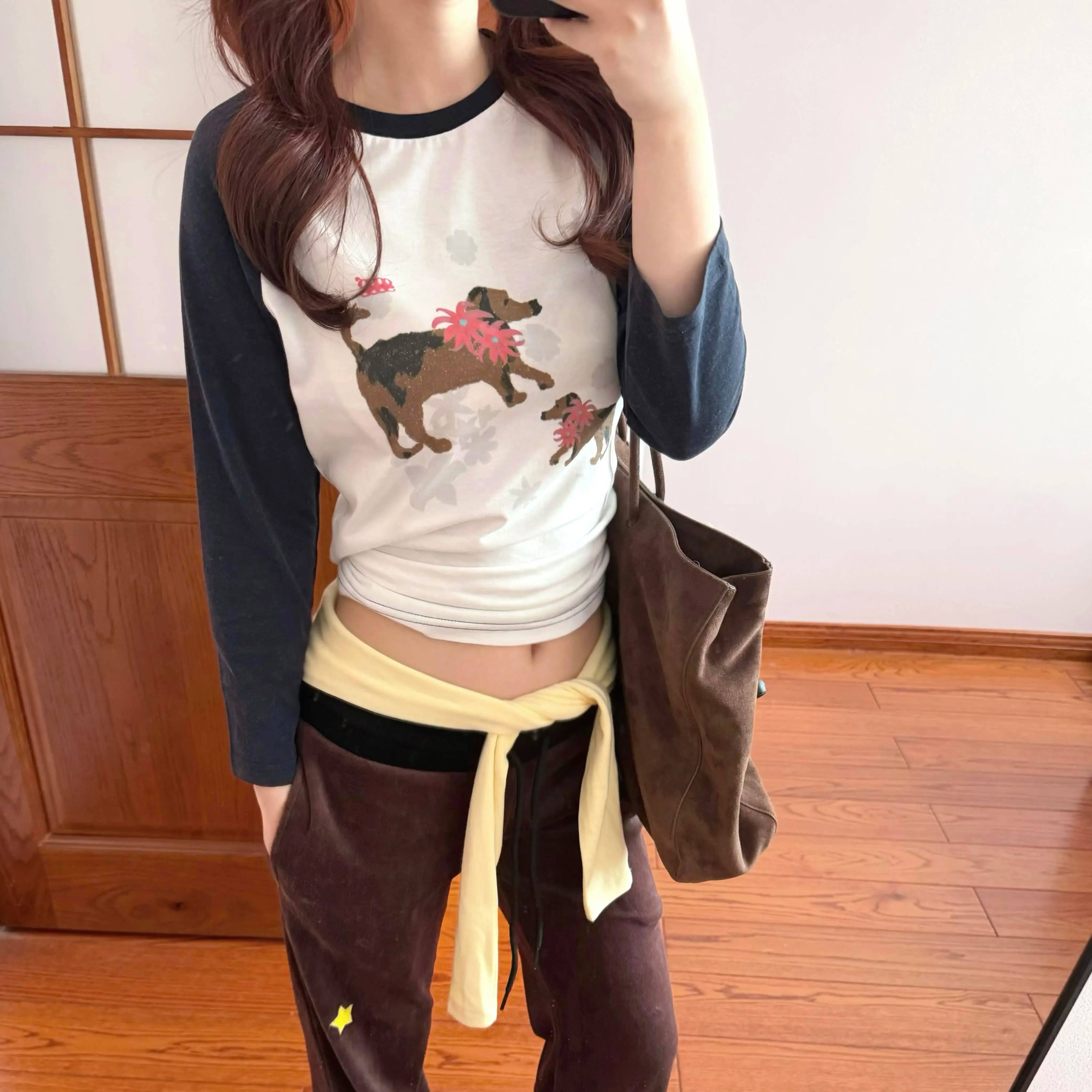 韩系ins小众公园小狗印花插肩七分袖T恤女秋修身显瘦百搭打底上衣