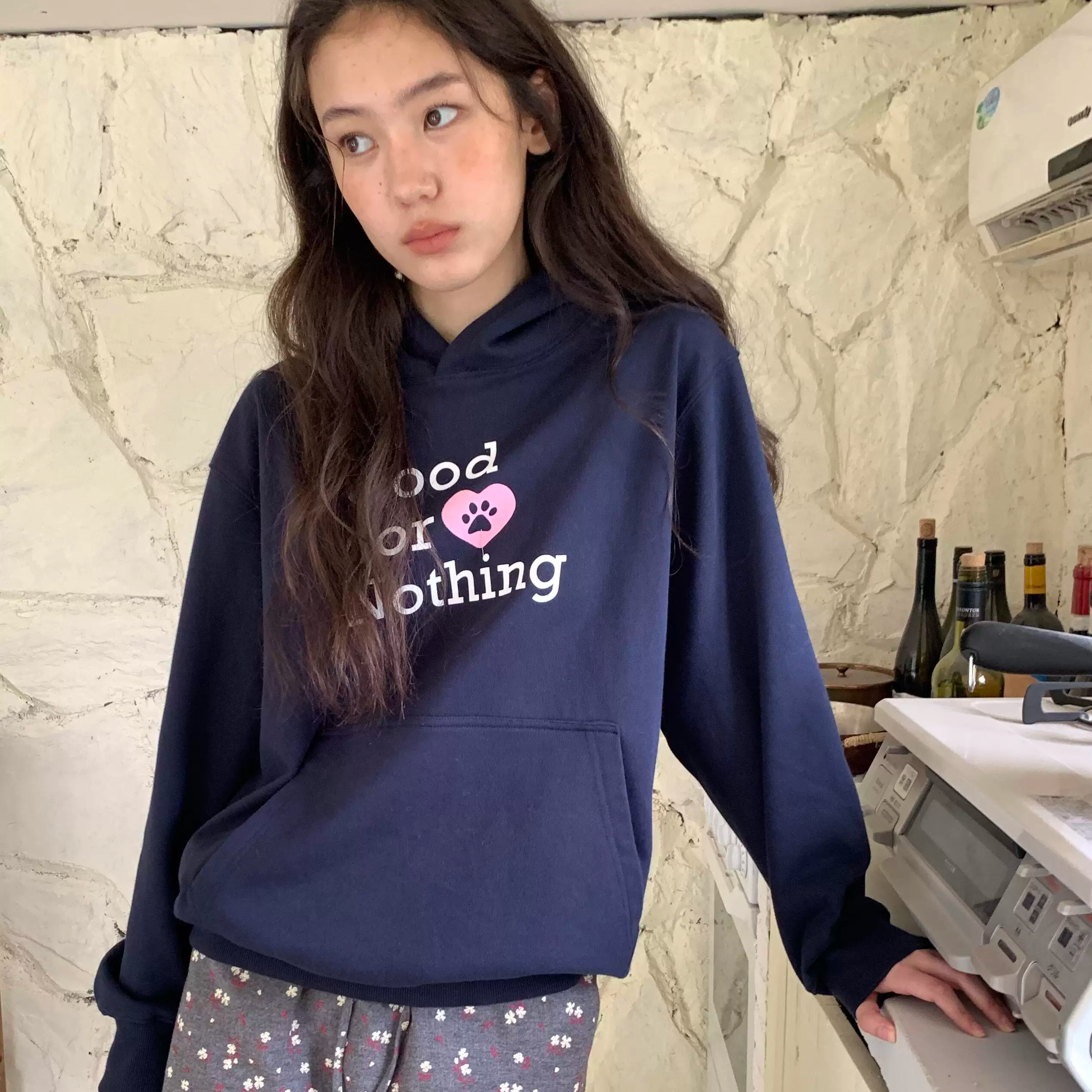 美式复古狗狗印记字母印花无帽绳连帽卫衣女慵懒休闲宽松百搭上衣