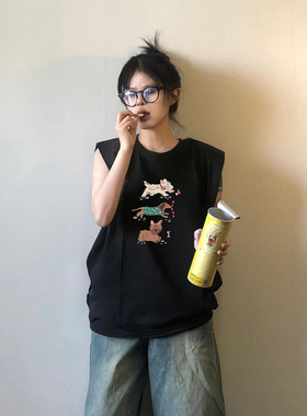 美式休闲风黑色卡通小狗印花无袖坎肩背心女宽松百搭通勤T恤上衣