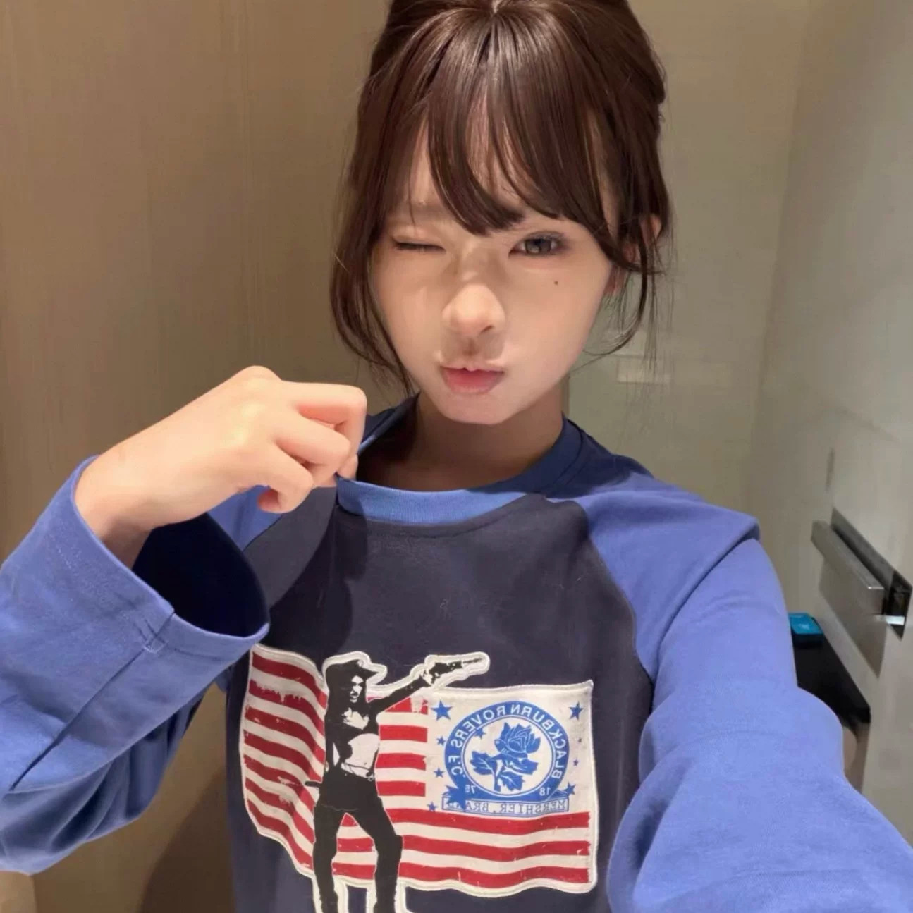 美式复古撞色米字旗印花插肩长袖T恤女秋季慵懒宽松百搭打底上衣