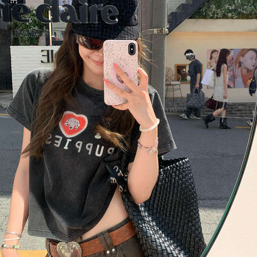 复古纯棉显瘦短款狗狗T恤女夏