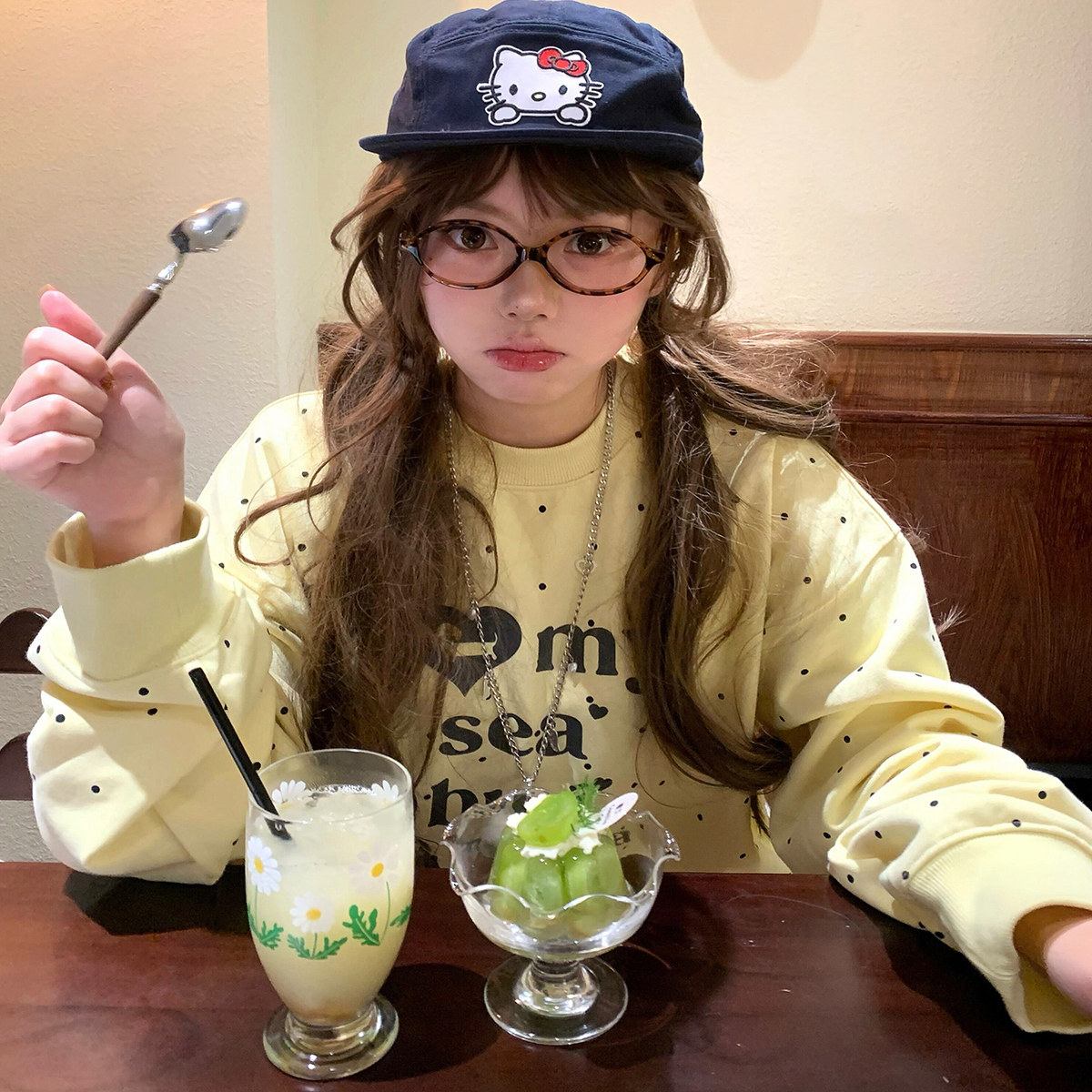 韩系黄色波点满印小狗圆领卫衣女韩版学院宽松百搭洋气慵懒上衣