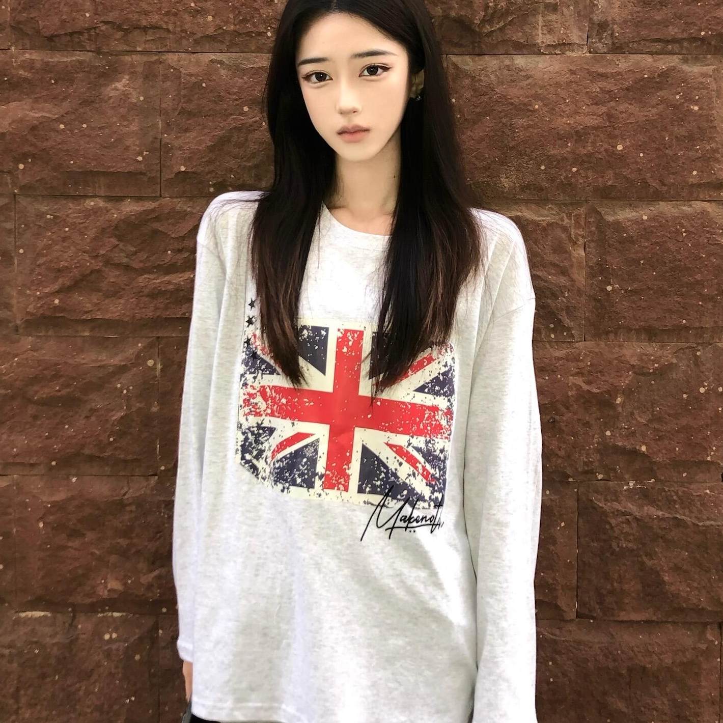 美式复古米字旗印花长袖T恤女早秋慵懒休闲宽松百搭舒适打底上衣