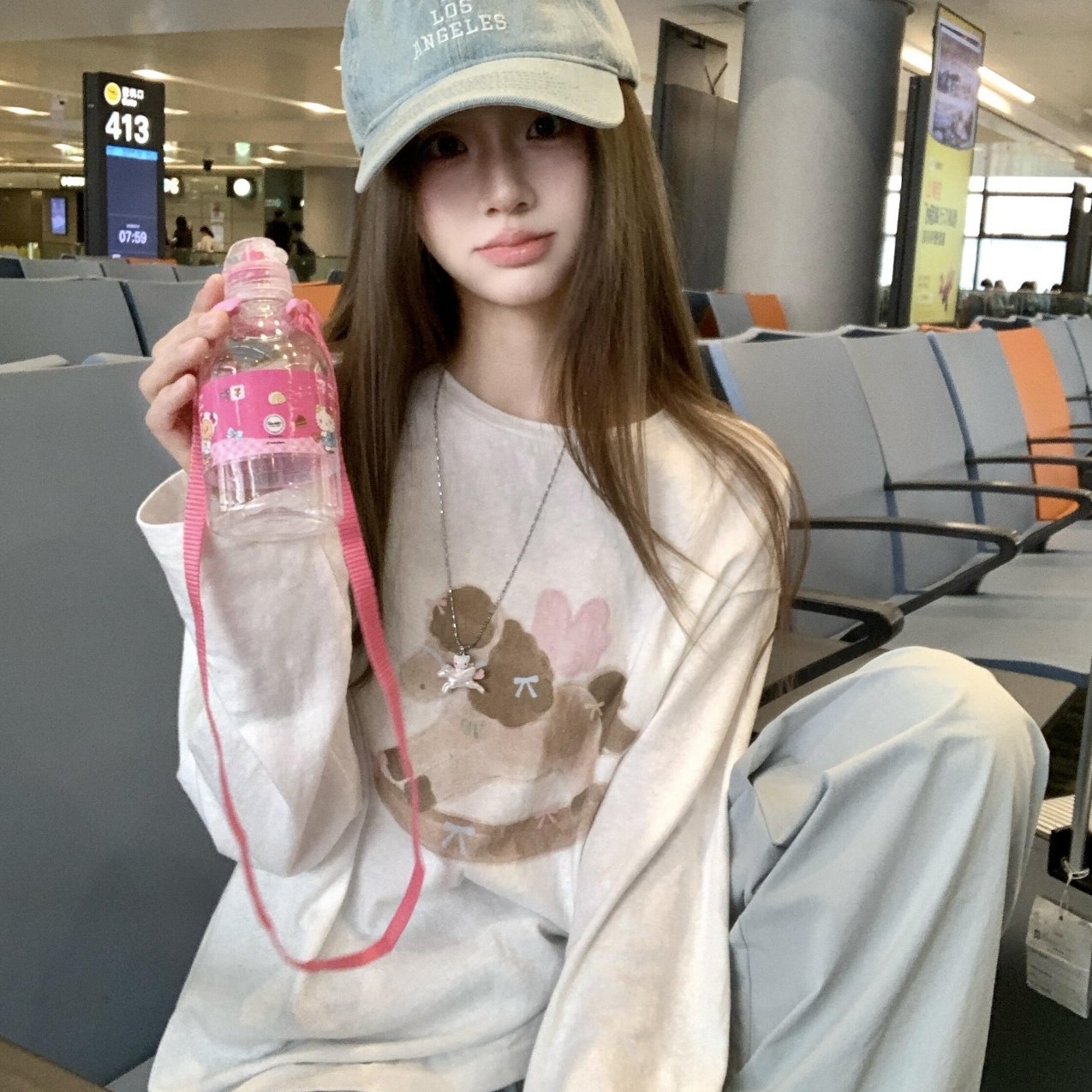 韩系ins小众可爱木马印花长袖t恤女早秋2026宽松慵懒白色打底上衣