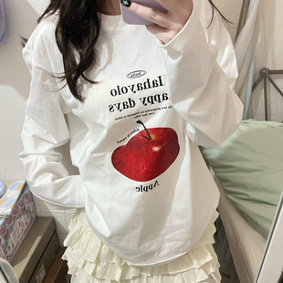 美式 宽松百搭上衣 复古设计感苹果印花纯棉长袖 T恤女2025早秋新款