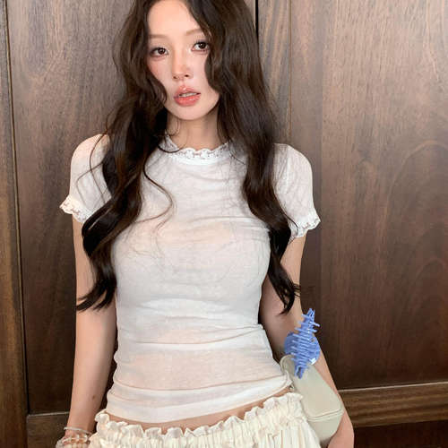 夏季法式蕾丝纯棉显瘦短袖T恤女